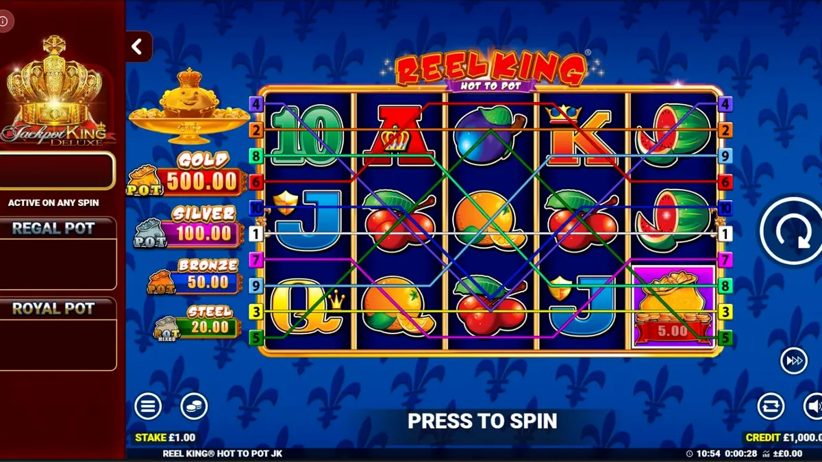 Tampilan visual slot Reel King: Hot to Pot dengan nuansa emas dan buah-buahan klasik